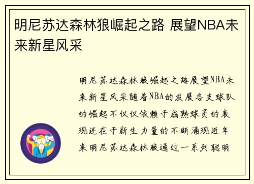 明尼苏达森林狼崛起之路 展望NBA未来新星风采