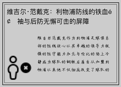 维吉尔·范戴克：利物浦防线的铁血领袖与后防无懈可击的屏障